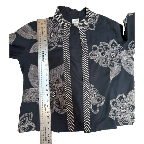 Chico's Women's Blue Embroidered Floral Open Front Blazer Size 2 Long Sleeve - Picture 5 of 8